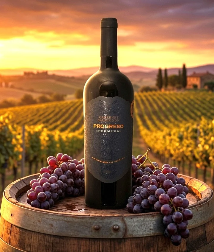 Botella de Cabernet Sauvignon sobre barril en viñedo