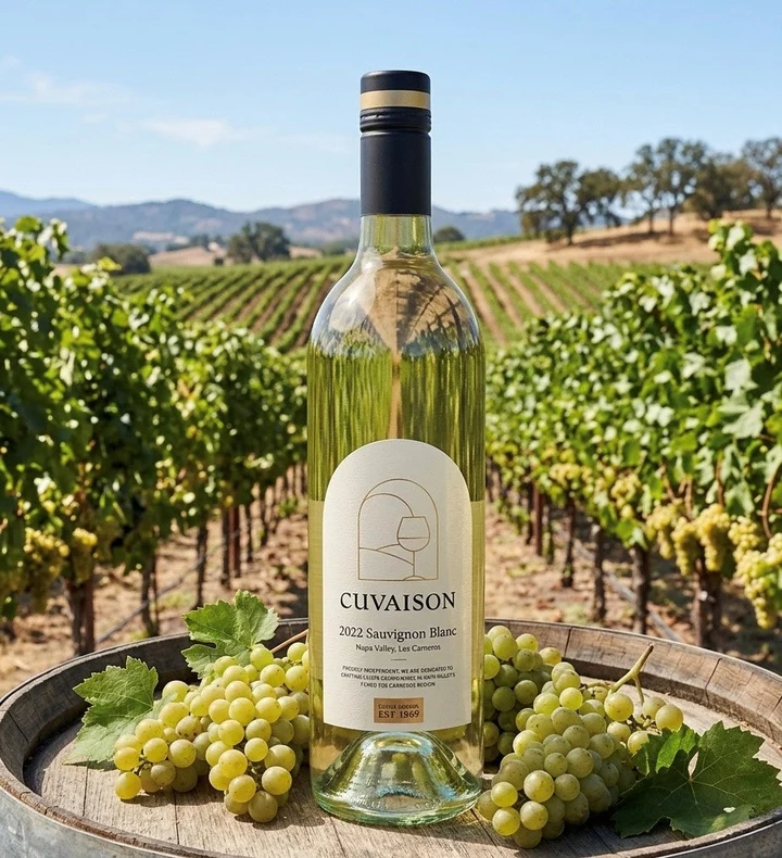 Botella de Sauvignon Blanc sobre barril en viñedo