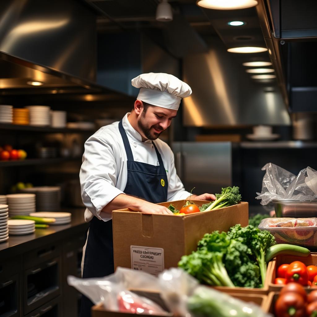 Chef recibiendo caja de vegetales frescos en cocina profesional