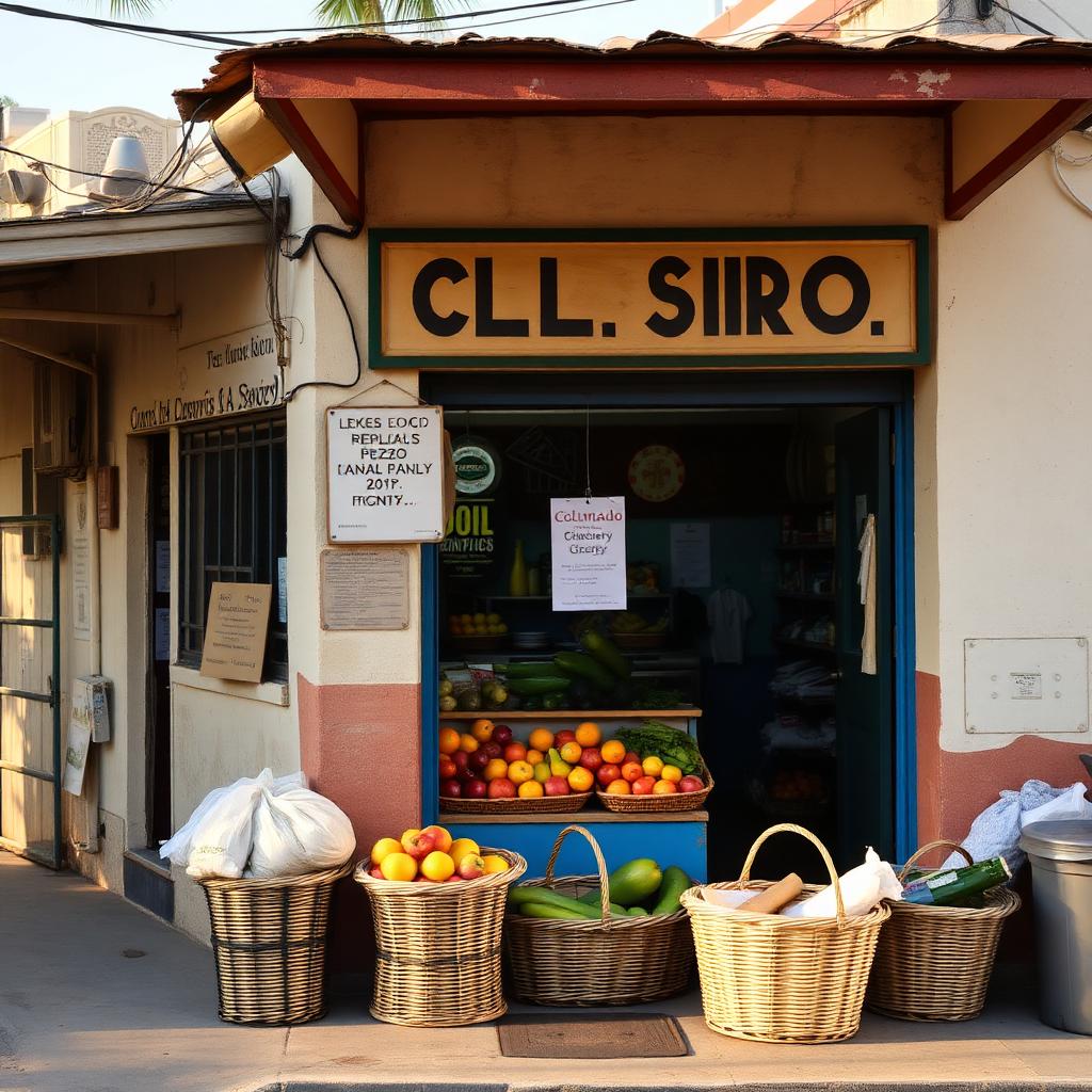 Colmado puertorriqueño con canastas de frutas y vegetales frescos