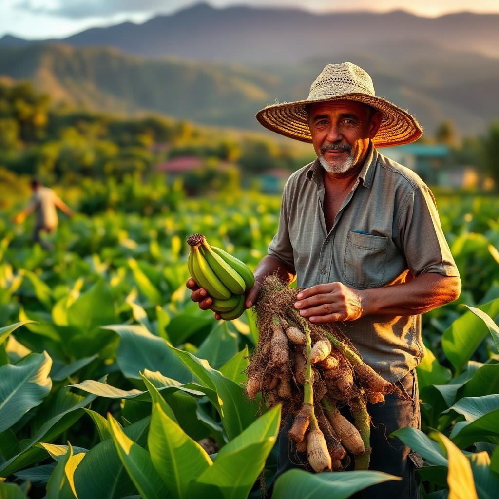 Agricultor puertorriqueño cosechando plátanos y raíces en su finca